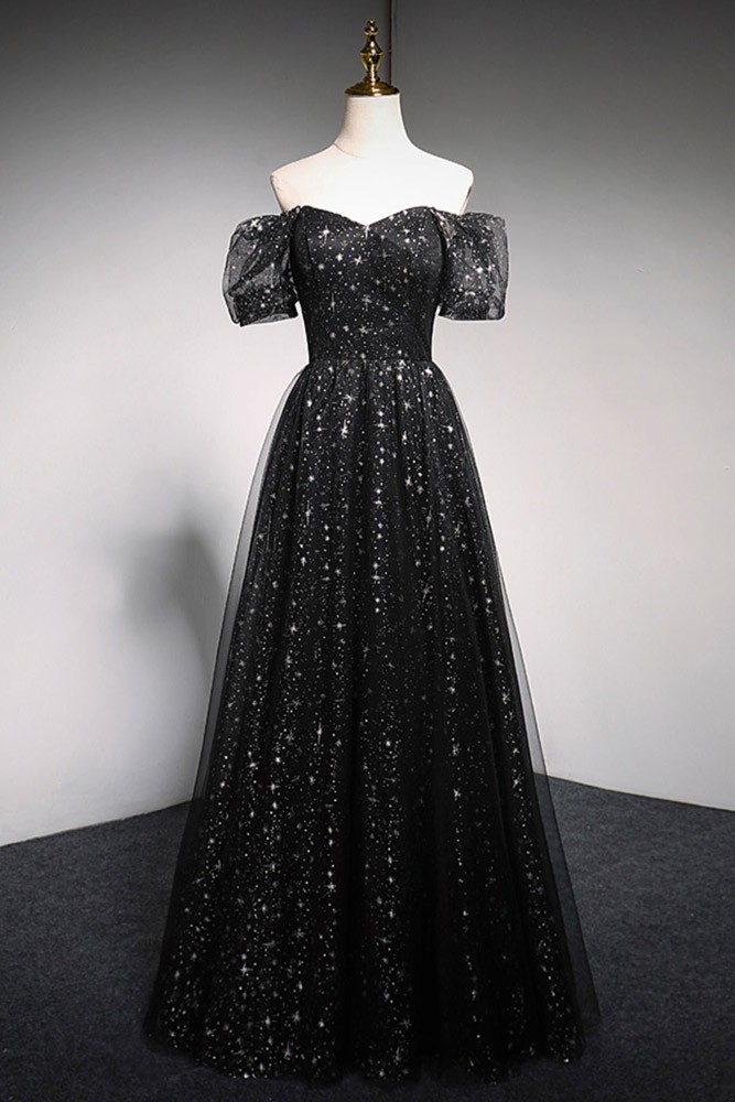 Sexy Black Sheer Tulle Crystal Off Shoulder Prom Dress main image 0