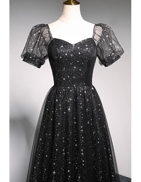 Off Shoulder Black Tulle Stars Prom Dress