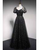 Off Shoulder Black Tulle Stars Prom Dress