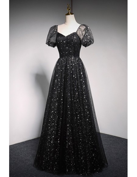 Off Shoulder Black Tulle Stars Prom Dress