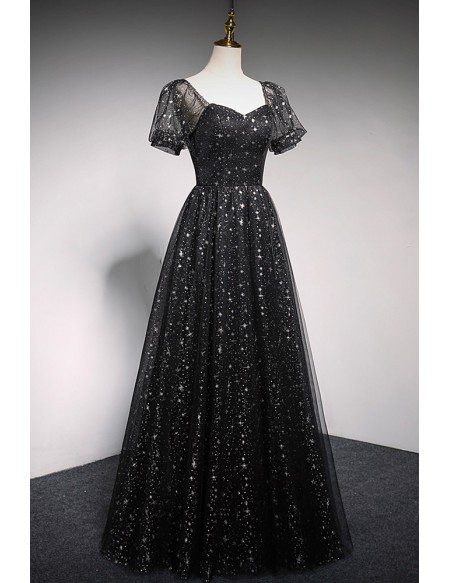 Off Shoulder Black Tulle Stars Prom Dress