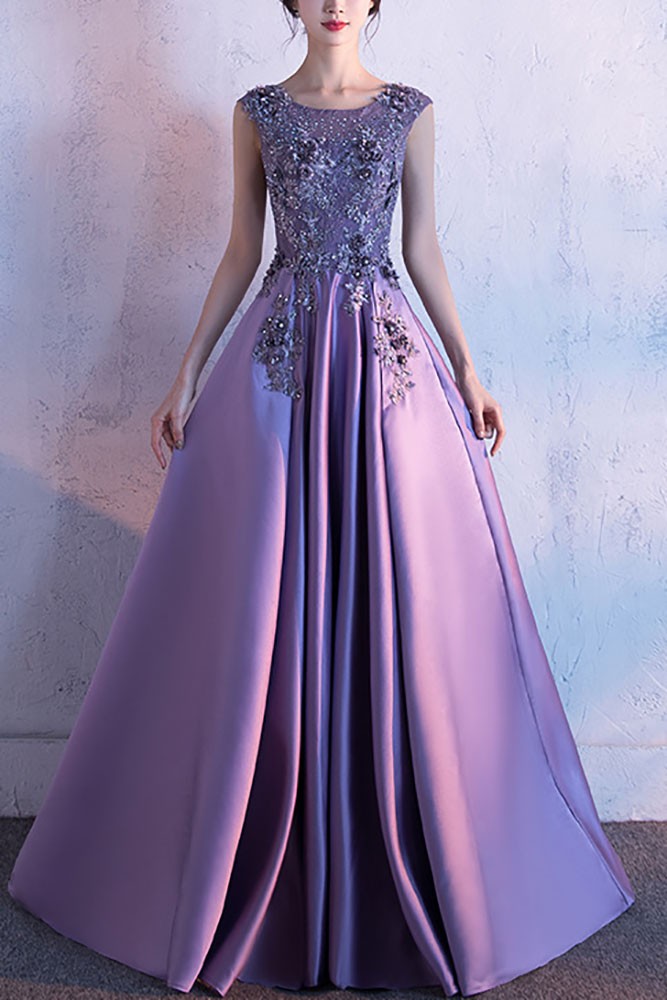 Glamorous purple satin beaded long prom evening dresses
