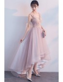 Vneck Pink High Low Hoco Party Dress With Appliques