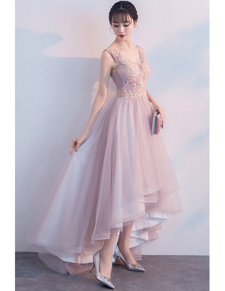 Vneck Pink High Low Hoco Party Dress With Appliques