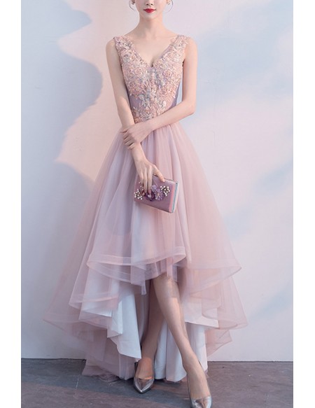 Vneck Pink High Low Hoco Party Dress With Appliques