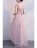 Vneck Pink High Low Hoco Party Dress With Appliques
