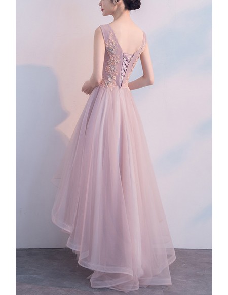 Vneck Pink High Low Hoco Party Dress With Appliques