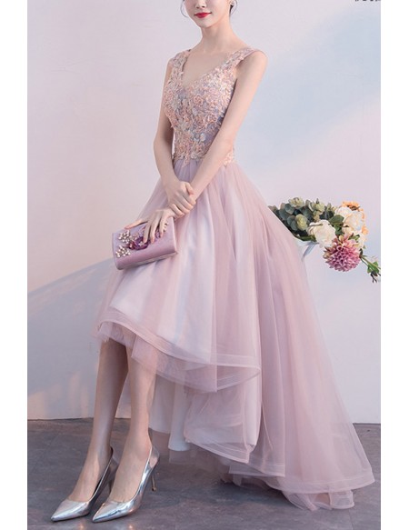 Vneck Pink High Low Hoco Party Dress With Appliques