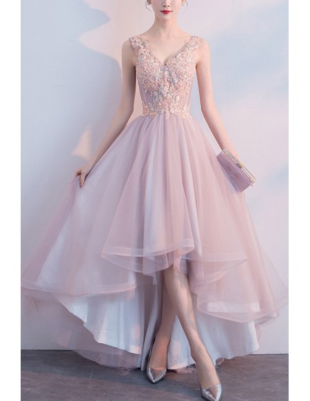 Vneck Pink High Low Hoco Party Dress With Appliques