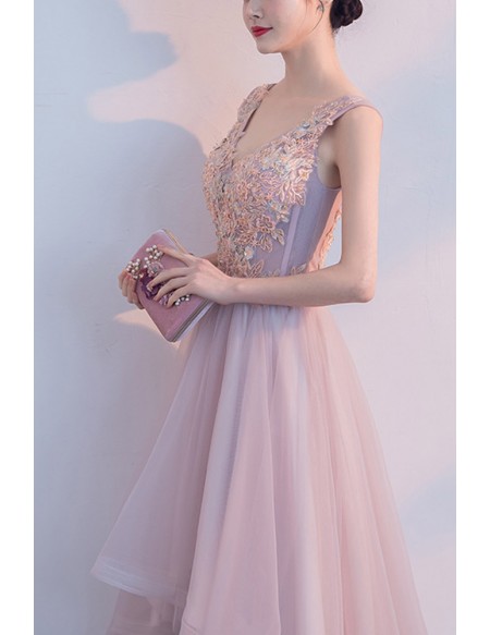 Vneck Pink High Low Hoco Party Dress With Appliques
