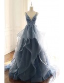 Beautiful Vneck Sequined Lace Ruffled Blue Prom Dress With Straps