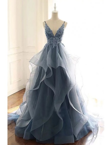 Beautiful Vneck Sequined Lace Ruffled Blue Prom Dress With Straps
