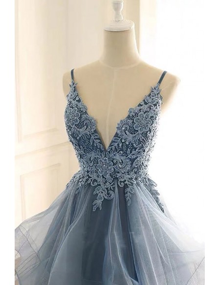 Beautiful Vneck Sequined Lace Ruffled Blue Prom Dress With Straps