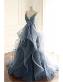 Beautiful Vneck Sequined Lace Ruffled Blue Prom Dress With Straps