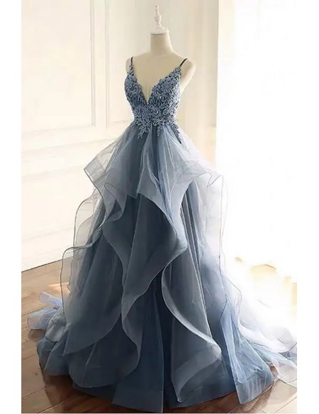 Beautiful Vneck Sequined Lace Ruffled Blue Prom Dress With Straps