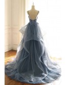 Beautiful Vneck Sequined Lace Ruffled Blue Prom Dress With Straps