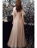 Champagne Bling Tulle Long Prom Dress Cold Shoulder