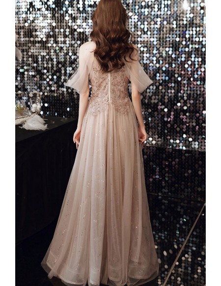 Champagne Bling Tulle Long Prom Dress Cold Shoulder