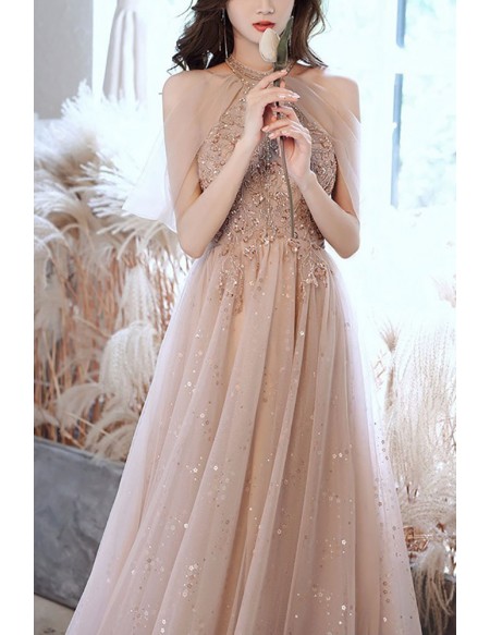 Champagne Bling Tulle Long Prom Dress Cold Shoulder