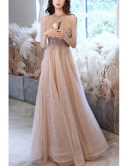 Champagne Bling Tulle Long Prom Dress Cold Shoulder