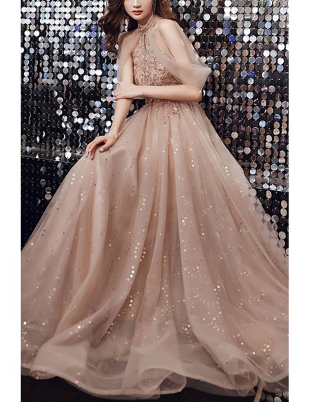 Champagne Bling Tulle Long Prom Dress Cold Shoulder