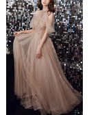 Champagne Bling Tulle Long Prom Dress Cold Shoulder