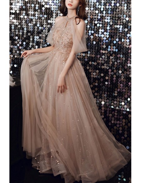 Champagne Bling Tulle Long Prom Dress Cold Shoulder