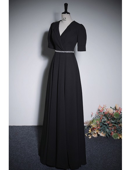 Vneck Collar Elegant Black Formal Dress With Sleeves