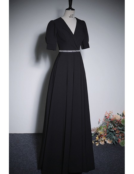 Vneck Collar Elegant Black Formal Dress With Sleeves