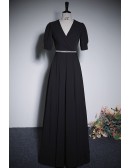 Vneck Collar Elegant Black Formal Dress With Sleeves