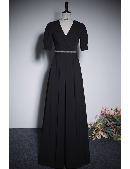 Vneck Collar Elegant Black Formal Dress With Sleeves