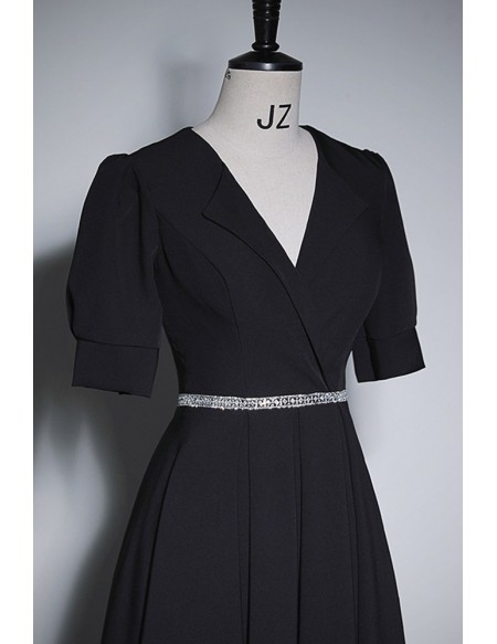 Vneck Collar Elegant Black Formal Dress With Sleeves