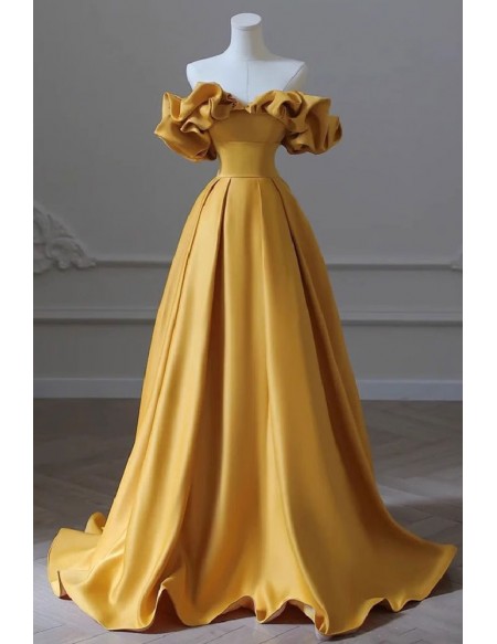 Elegant Ruffled Off Shoulder Satin Prom Dress