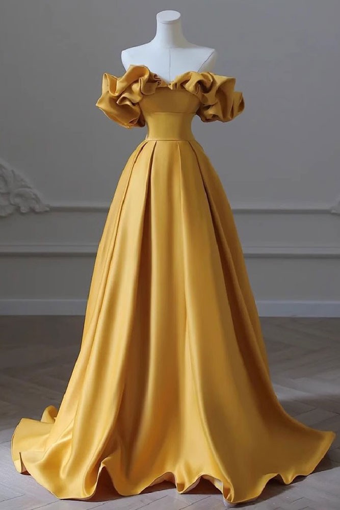 Elegant Off Shoulder Satin Prom Dress, Ruffle Sweetheart Evening Gown Party Dress