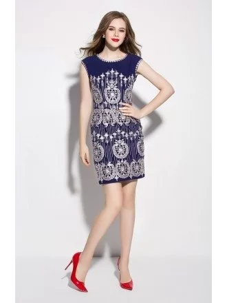 Dark Blue Embroidery Women Short Dress