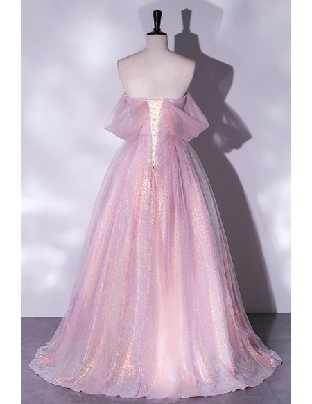 Purple Pink Bling Tulle Off Shoulder Long Prom Dress
