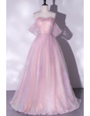Purple Pink Bling Tulle Off Shoulder Long Prom Dress