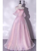 Purple Pink Bling Tulle Off Shoulder Long Prom Dress