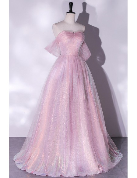 Purple Pink Bling Tulle Off Shoulder Long Prom Dress