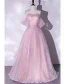 Purple Pink Bling Tulle Off Shoulder Long Prom Dress
