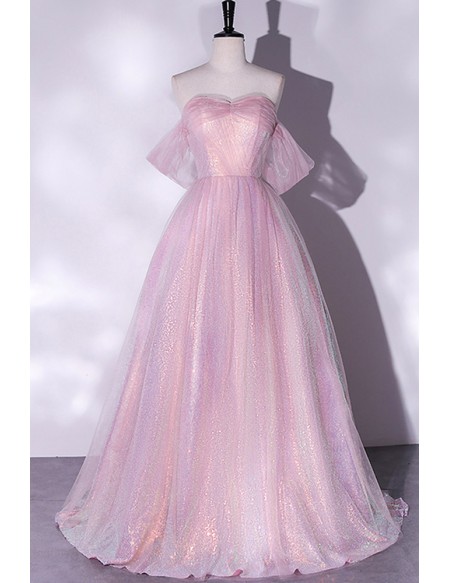 Purple Pink Bling Tulle Off Shoulder Long Prom Dress
