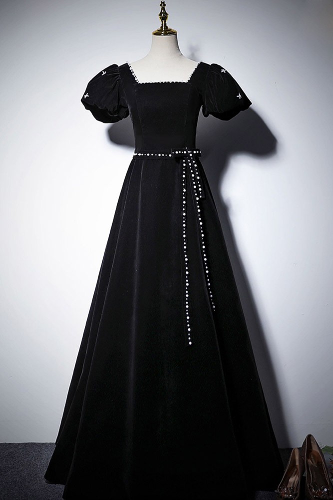 French Sheath High Neckline Black Velvet Long Prom Dresses Birthday Outfits