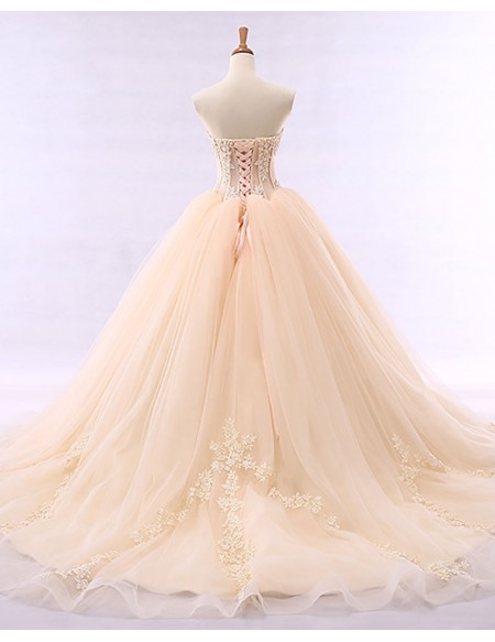 Strapless Corset Lace Ballgown Champagne Formal Dress With Appliques