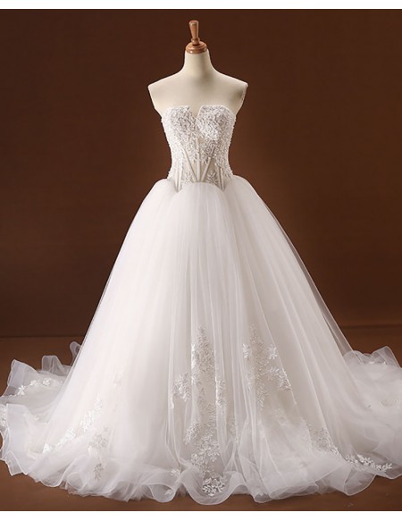 Strapless Corset Lace Ballgown Champagne Formal Dress With Appliques
