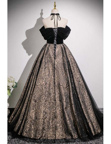 Black Off Shoulder Sparkly Ballgown Prom Dress