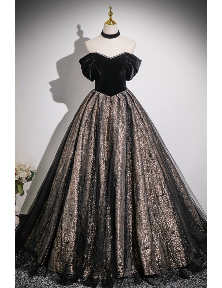 Black Off Shoulder Sparkly Ballgown Prom Dress