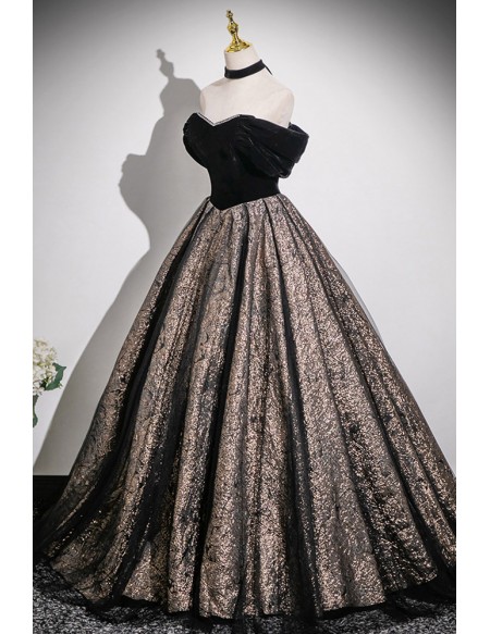 Black Off Shoulder Sparkly Ballgown Prom Dress