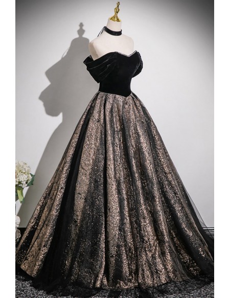 Black Off Shoulder Sparkly Ballgown Prom Dress