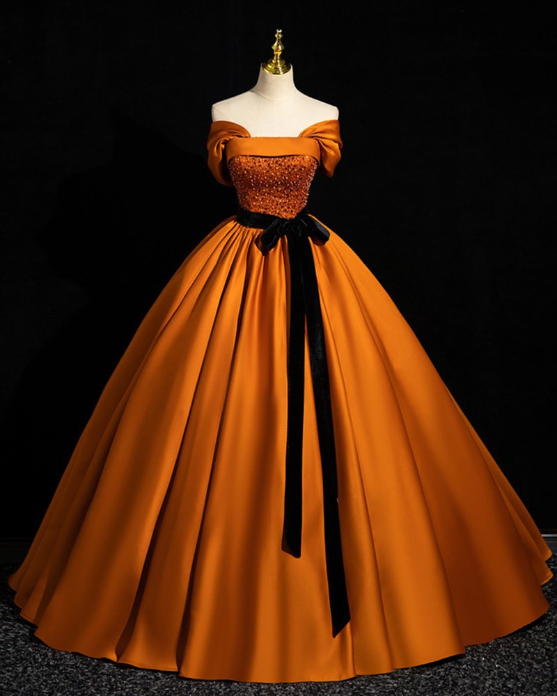 Chic Orange Off the Shoulder Long Sleeves Strapless Prom Dress With Sequins