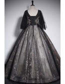 Vneck Sparkly Black Sequined Ballgown Prom Dress With Puffy Sleeves